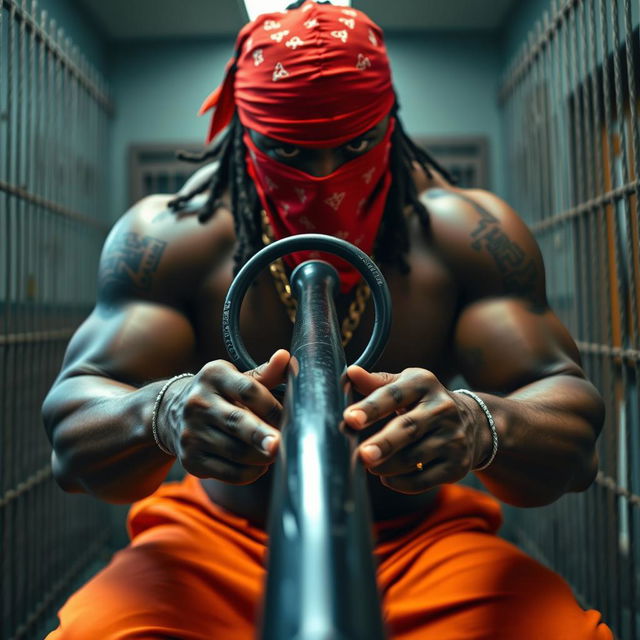 close-up of a large muscular African American gang member in a prison setting