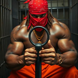 close-up of a large muscular African American gang member in a prison setting