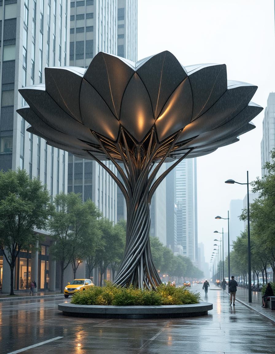 A man-made industrial-style structure resembling a tree, designed to provide shelter from strong winds and frequent rain in an urban setting