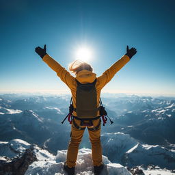 A person standing triumphantly on a mountain peak with arms raised in victory, surrounded by a breathtaking panorama of snowy mountains and a clear blue sky