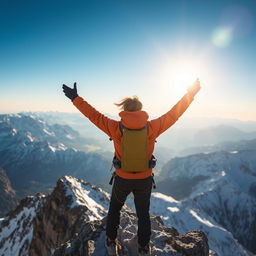 A person standing triumphantly on a mountain peak with arms raised in victory, surrounded by a breathtaking panorama of snowy mountains and a clear blue sky