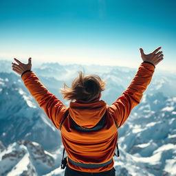 A person standing triumphantly on a mountain peak with arms raised in victory, surrounded by a breathtaking panorama of snowy mountains and a clear blue sky