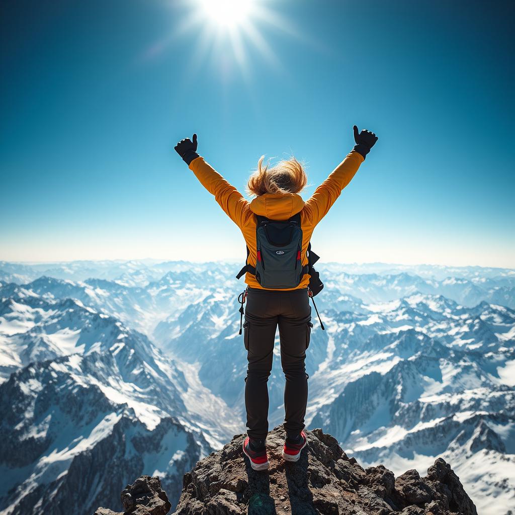 A person standing triumphantly on a mountain peak with arms raised in victory, surrounded by a breathtaking panorama of snowy mountains and a clear blue sky