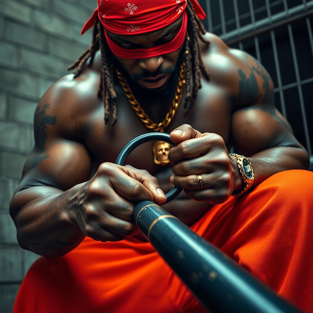 close-up of a large muscular African American gang member with cornrows, wearing a red bandana mask, in a gritty prison environment