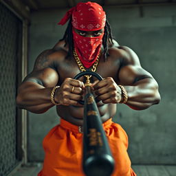 close-up of a large muscular African American gang member with cornrows, wearing a red bandana mask, in a gritty prison environment