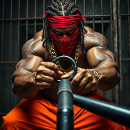 close-up of a large muscular African American gang member with cornrows, wearing a red bandana mask, in a gritty prison environment