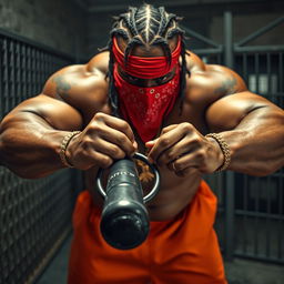 close-up of a large muscular African American gang member with cornrows, wearing a red bandana mask, in a gritty prison environment