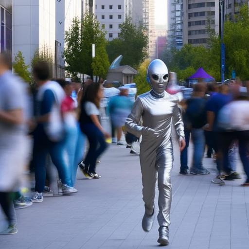 An alien dressed in silver futuristic attire running behind an unsuspecting crowd during daytime.