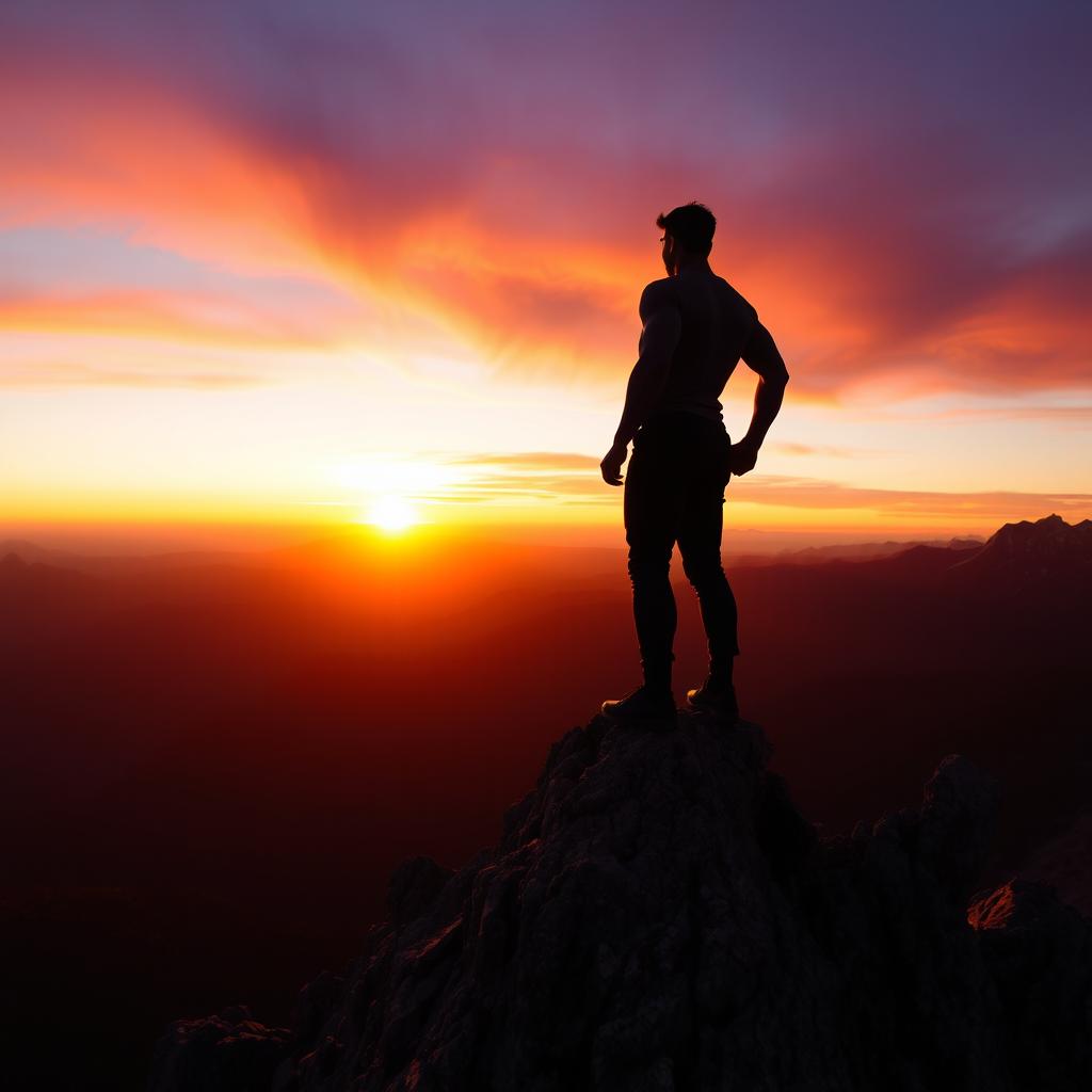 a powerful figure standing atop a mountain peak, gazing at the sunset