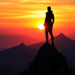 a powerful figure standing atop a mountain peak, gazing at the sunset