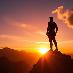 a powerful figure standing atop a mountain peak, gazing at the sunset