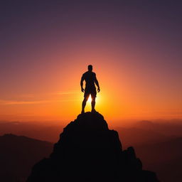 a powerful figure standing atop a mountain peak, gazing at the sunset