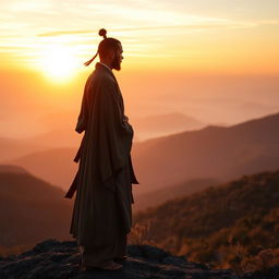 A man wearing traditional ancient clothing standing on the mountain peak overlooking the sunset