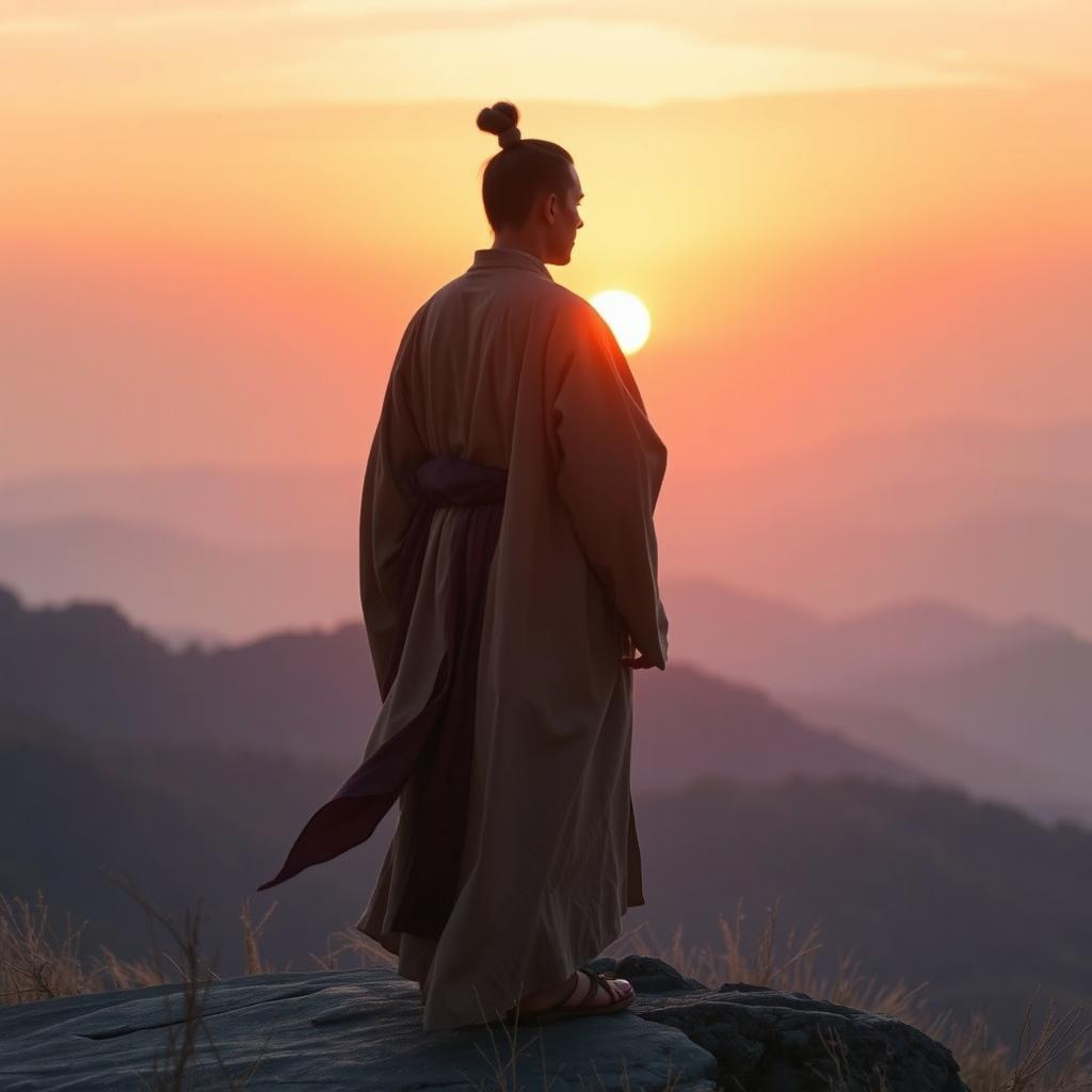 A man wearing traditional ancient clothing standing on the mountain peak overlooking the sunset