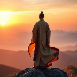 A man wearing traditional ancient clothing standing on the mountain peak overlooking the sunset