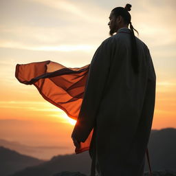 A man wearing traditional ancient clothing standing on the mountain peak overlooking the sunset