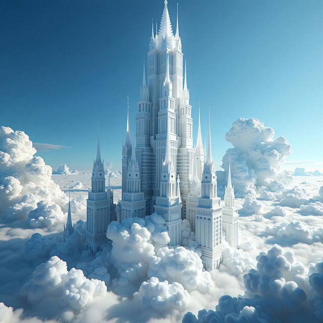 A stunning and intricate skyscraper made entirely out of clouds, delicately towering into the sky