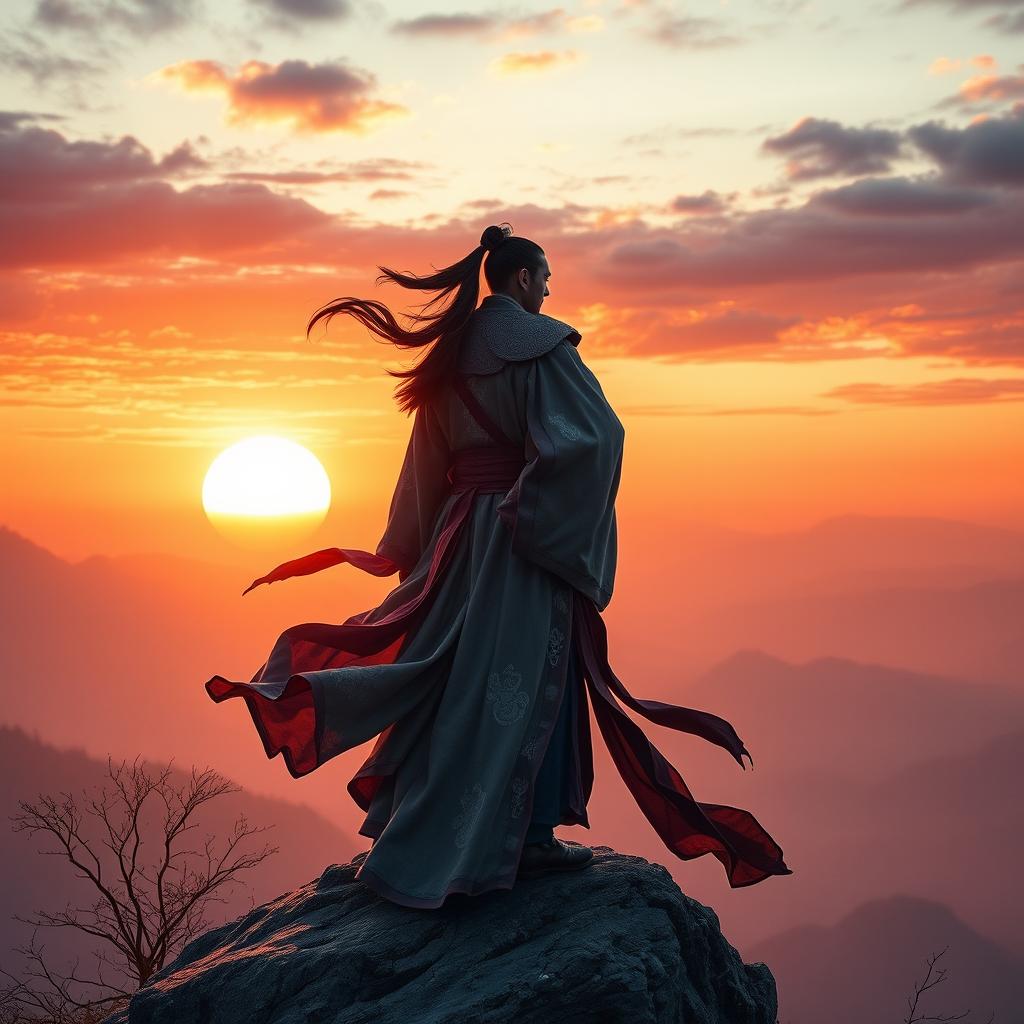 A heroic warrior in traditional ancient Chinese attire standing on a mountain peak, overlooking a breathtaking sunset