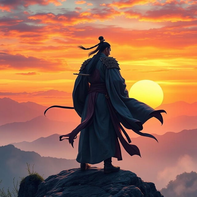 A heroic warrior in traditional ancient Chinese attire standing on a mountain peak, overlooking a breathtaking sunset