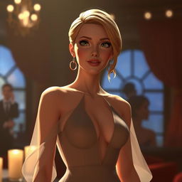 an animated version of Scarlett Johansson wearing a sheer, elegant dress where her silhouette is subtly highlighted, giving a sense of allure and sophistication, capturing the essence of Hollywood glamour and elegance with a touch of mischievous charm, surrounded by soft, ambient lighting that accentuates her iconic features