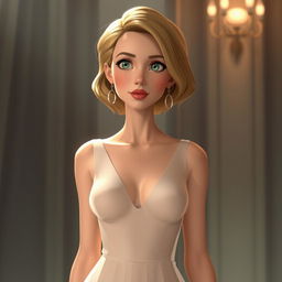 an animated version of Scarlett Johansson wearing a sheer, elegant dress where her silhouette is subtly highlighted, giving a sense of allure and sophistication, capturing the essence of Hollywood glamour and elegance with a touch of mischievous charm, surrounded by soft, ambient lighting that accentuates her iconic features