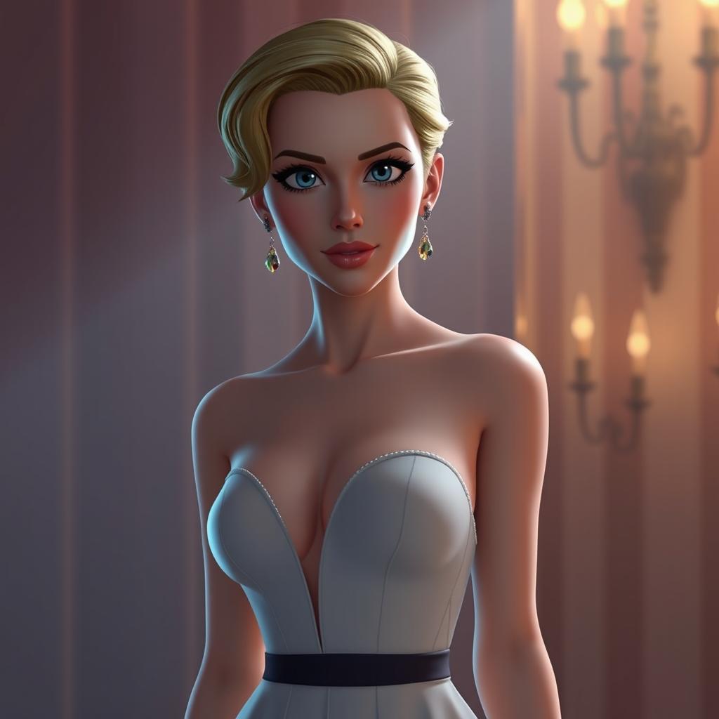 an animated version of Scarlett Johansson wearing a sheer, elegant dress where her silhouette is subtly highlighted, giving a sense of allure and sophistication, capturing the essence of Hollywood glamour and elegance with a touch of mischievous charm, surrounded by soft, ambient lighting that accentuates her iconic features