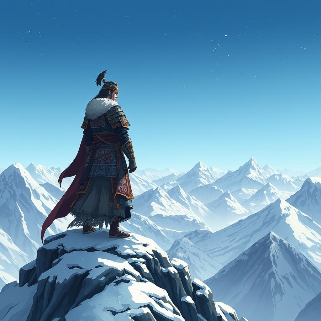 An anime-style ancient warrior standing atop a mountain peak, braving the fierce cold