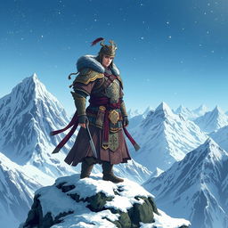 An anime-style ancient warrior standing atop a mountain peak, braving the fierce cold