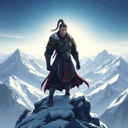 An anime-style ancient warrior standing atop a mountain peak, braving the fierce cold