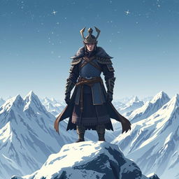 An anime-style ancient warrior standing atop a mountain peak, braving the fierce cold