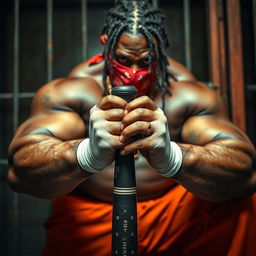 A close-up of a large muscular African American gang member in a prison setting, wearing a red bandana mask and baggy orange pants