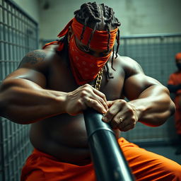 A close-up of a large muscular African American gang member in a prison setting, wearing a red bandana mask and baggy orange pants