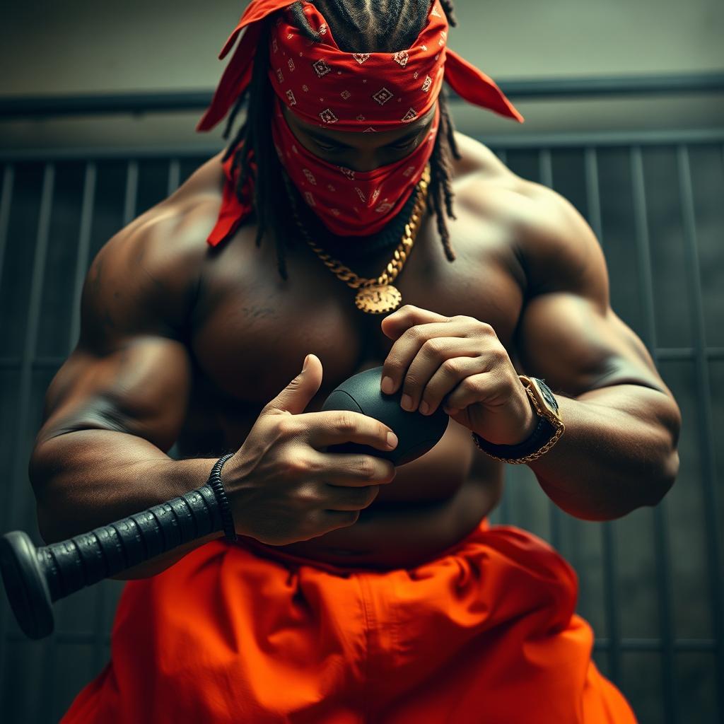 A close-up of a large muscular African American gang member in a prison setting, wearing a red bandana mask and baggy orange pants