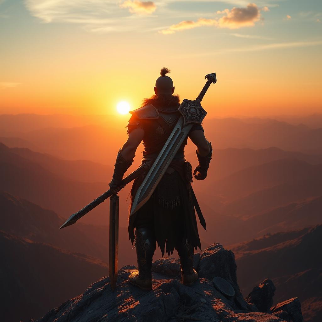 A warrior standing on a mountain peak, holding a giant sword, gazing at the sunset