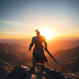 A warrior standing on a mountain peak, holding a giant sword, gazing at the sunset