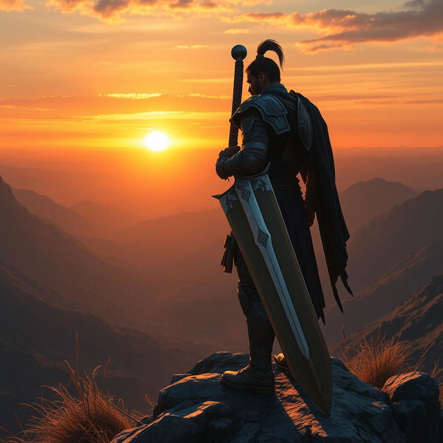 A warrior standing on a mountain peak, holding a giant sword, gazing at the sunset