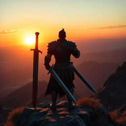 A warrior standing on a mountain peak, holding a giant sword, gazing at the sunset