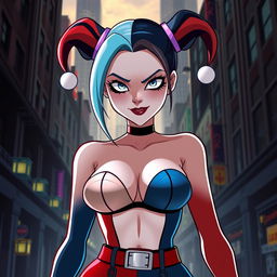 An animated depiction of Harley Quinn wearing a striking outfit that includes a partial bra that provocatively exposes one half of her nipple