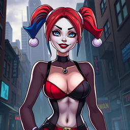 An animated depiction of Harley Quinn wearing a striking outfit that includes a partial bra that provocatively exposes one half of her nipple