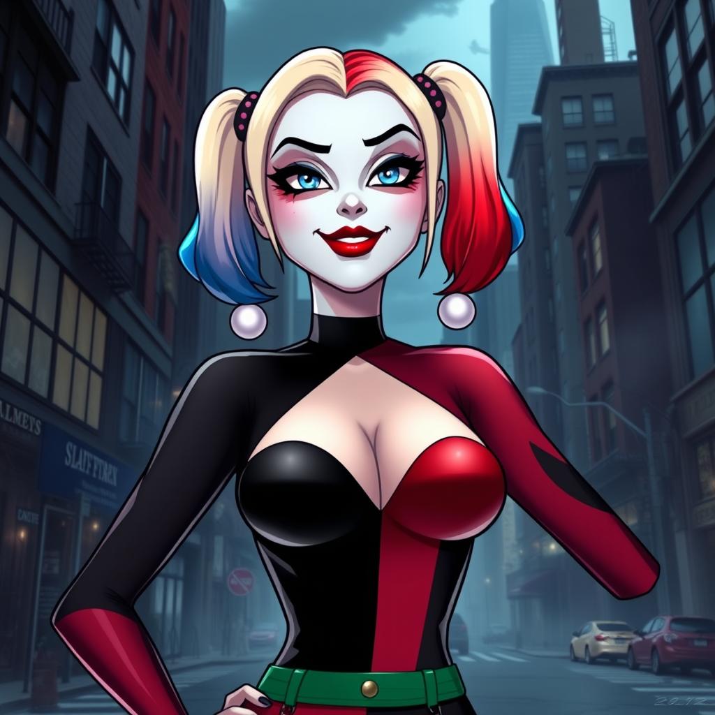 An animated depiction of Harley Quinn wearing a striking outfit that includes a partial bra that provocatively exposes one half of her nipple