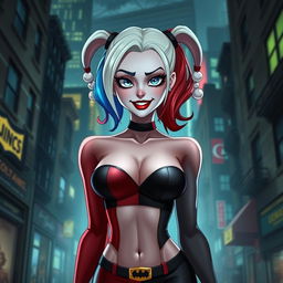 An animated depiction of Harley Quinn wearing a striking outfit that includes a partial bra that provocatively exposes one half of her nipple