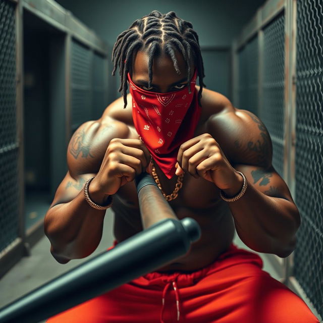 A close-up of a muscular African American gang member in a prison setting, wearing a red bandana mask covering the nose and mouth, and baggy orange pants