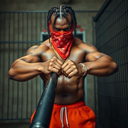 A close-up of a muscular African American gang member in a prison setting, wearing a red bandana mask covering the nose and mouth, and baggy orange pants