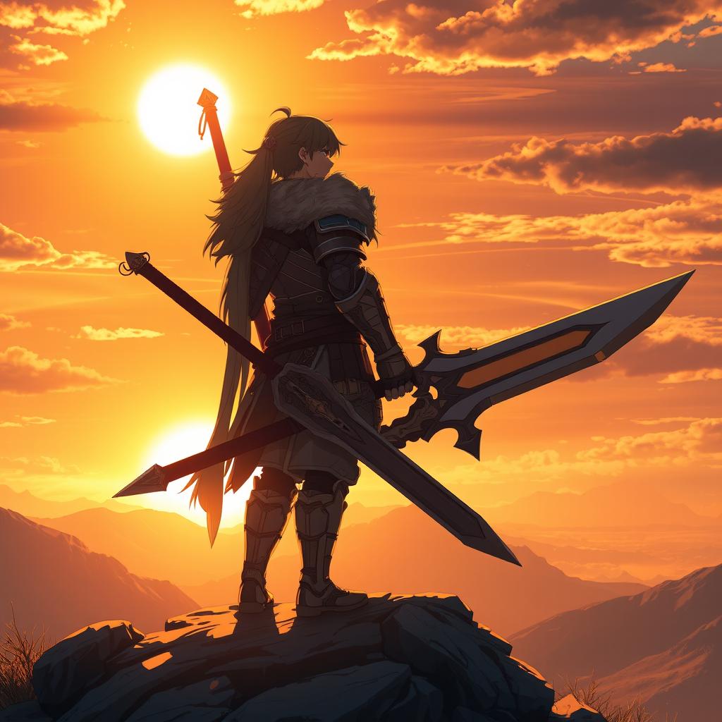 An anime-style warrior standing on a mountain peak, holding a giant sword, gazing at the sunset