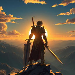 An anime-style warrior standing on a mountain peak, holding a giant sword, gazing at the sunset