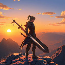 An anime-style warrior standing on a mountain peak, holding a giant sword, gazing at the sunset