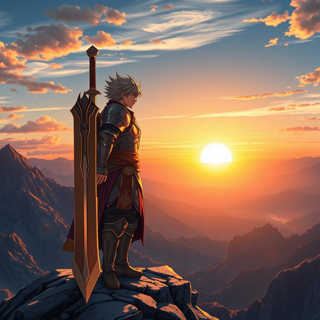 An anime-style warrior standing on a mountain peak, holding a giant sword, gazing at the sunset