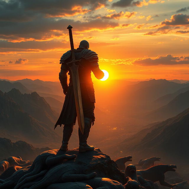 A warrior standing on a mountain peak, viewed from the back, holding a giant sword, gazing at the sunset