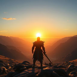 A warrior standing on a mountain peak, viewed from the back, holding a giant sword, gazing at the sunset