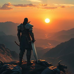 A warrior standing on a mountain peak, viewed from the back, holding a giant sword, gazing at the sunset